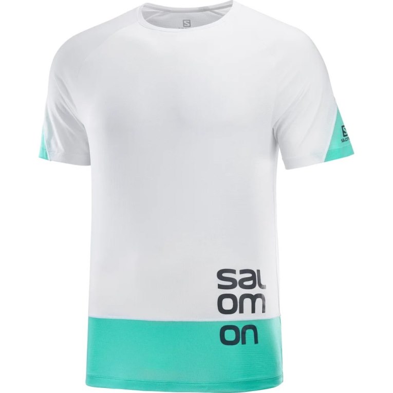 Camiseta Salomon Cross Run Estampados Corta Sleeve Hombre Blancos Turquesa | MX ZHFY259
